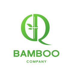 Fototapeta premium Bamboo Q letter or alphabet vector logo template. This logo with symbol and leaf. Green color and suitable for business and culture of china.