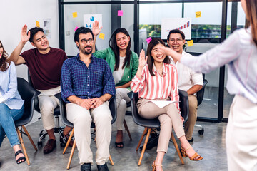 Businesswoman coach speaker presentation and discussing meeting strategy sharing idea.Creative team...