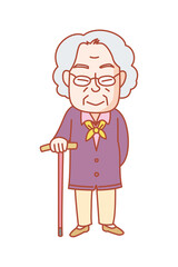 杖をついた70代くらいの女性。足を悪くしたが、毎日散歩をかかさない。日頃の気持ちの持ちようが健康の秘訣だと思っている。