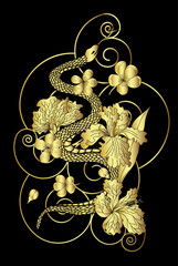 beautiful snake vector with flower Japanese tattoo design.red Snake vector illustration on black background.
