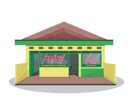 Yellow Warteg_Warung Tegal - Restaurant that provides Indonesia food and drinks at cheap prices. Cartoon Flat isolated illustration on a white background. 