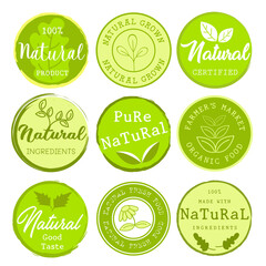 Set of logo, stickers and badges for organic food and drink, natural products, healthy life, food store and product promotion.