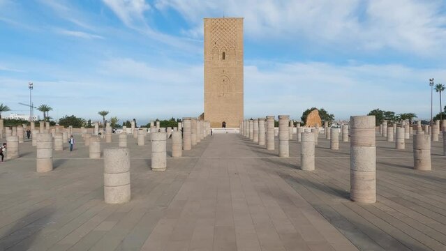 POV Walking Towards Hassan Tower in Rabat. Slow Motion View in Morocco