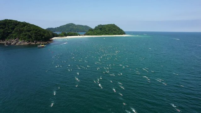 Travessia da Fuga das Ilhas swimming competition, Sao Sebastiao, Brazil - Aerial view