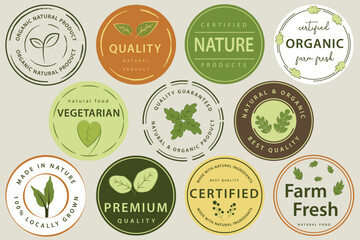 Set of logo, stickers and badges for organic food and drink, natural products, healthy life, food store and product promotion.