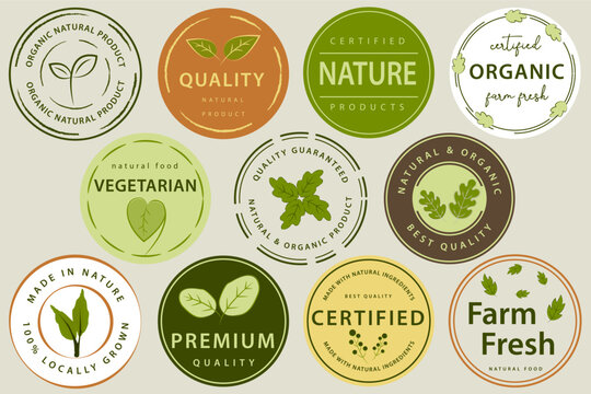 Set of logo, stickers and badges for organic food and drink, natural products, healthy life, food store and product promotion.