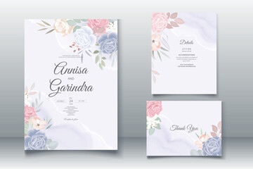 Fototapeta na wymiar Beautiful blue and pink floral frame wedding invitation card template Premium Vector
