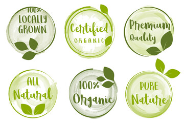 Set of logo, stickers and badges for organic food and drink, natural products, healthy life, food store and product promotion.