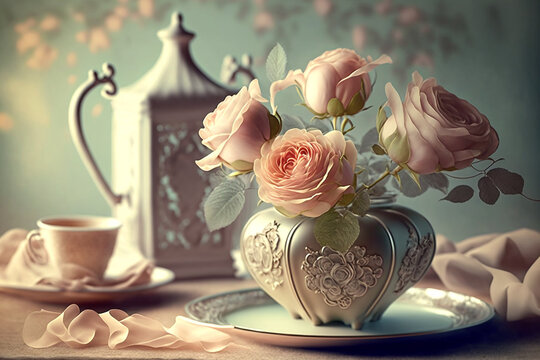 Celebrating Valentine's Day, roses, gift, heart, table, pastel, beautiful light, soft light, fashion, elegant composition, copy space. Generative AI