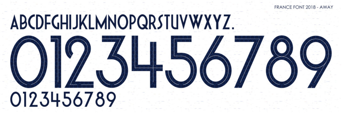font vector team 2018 kit sport style font. football style font with lines. france font  away world cup. sports style letters and numbers for soccer team