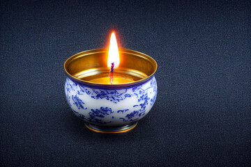 Obraz na płótnie Canvas Gold and blue patterned incense bowl, candlelight, black background with Generative AI