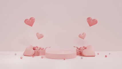 Valentines Day. Minimal Style 3D Rendering design stage podium. Round platform illustration background for Product Social Media Banner.