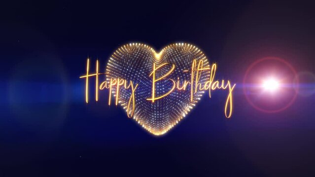 Abstract Happy Birthday golden text flare light  animation with gold heart  blinking flicker glow wire mesh cinematic title on black background