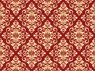 Floral pattern. Vintage wallpaper in the Baroque style. Seamless vector background. Gold and red ornament for fabric, wallpaper, packaging. Ornate Damask flower ornament