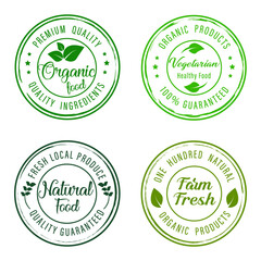 Organic food, natural food, healthy food and organic or natural product logos, icon, badges and stickers collection for food and drink market, ecommerce, organic products, natural products promotion.