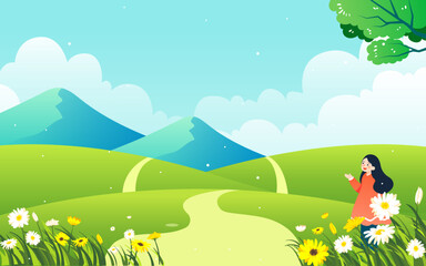 Travel outdoors in spring with mountains and meadows in the background and flowers and trees in the foreground, vector illustration