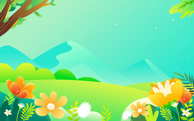 Travel outdoors in spring with mountains and meadows in the background and flowers and trees in the foreground, vector illustration