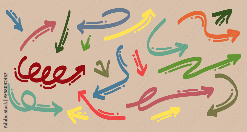 Poster various doodle arrows colorful with direction pointers shapes and objects. hand drawn vector illustr