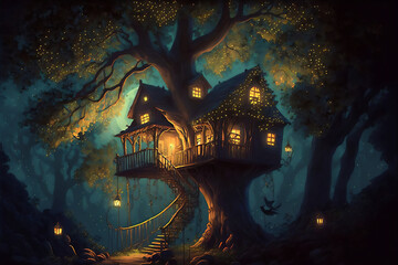 Whimsical Summer Treehouse at Night