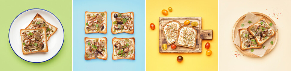 Collage of tasty toasts with cream cheese and mushrooms on color background, top view