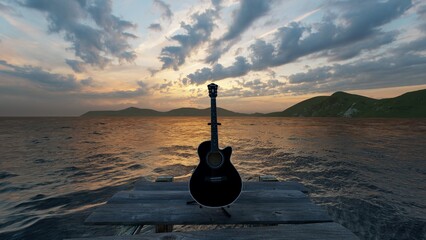 black guitar on the pier