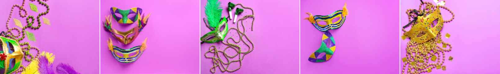 Collage with festive masks and decor on color background. Mardi Gras (Fat Tuesday) celebration © Pixel-Shot