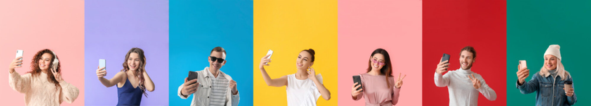 Set of different people with mobile phones taking selfie on color background
