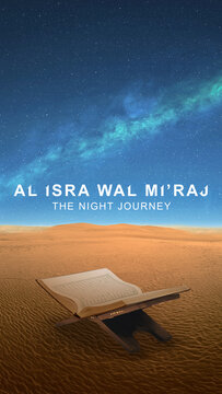 Opened Quran on a wooden placemat and Isra Miraj text on the desert
