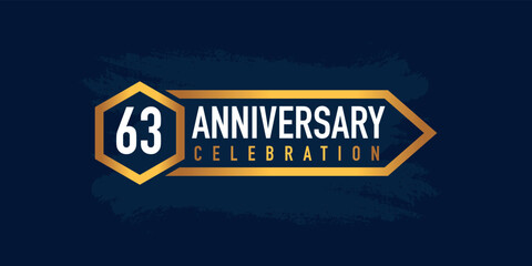 63 years anniversary celebration logotype colored with gold color and isolated on blue background.
