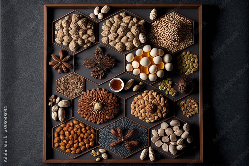 Poster a picture of nuts and nutshells arranged in a hexagonal pattern on a wall with a cup of coffee in th