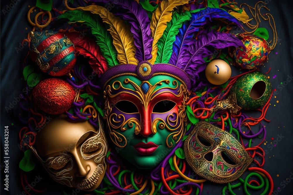 Poster a colorful mask with feathers and a mask on it's face, surrounded by other colorful masks and decora