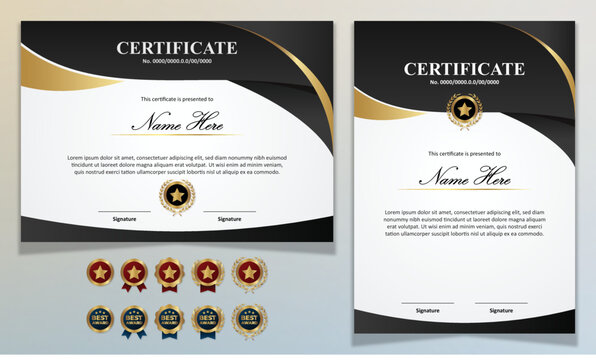 Certificate template modern Luxury using Gold ribbon with Badge editable and Qr Code for formal, award, academic, graduation, bussiness, education, training, honor, diploma, event, course