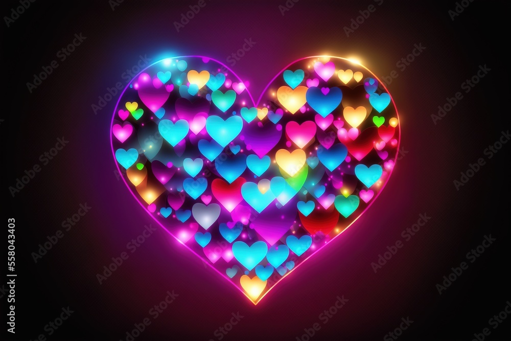 Poster a colorful heart with many hearts in it on a black background with a bright light coming from the to