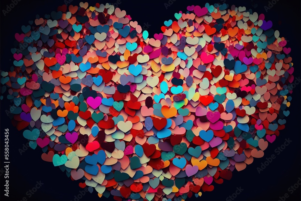 Poster a large heart made up of small hearts on a black background with a black background and a black back
