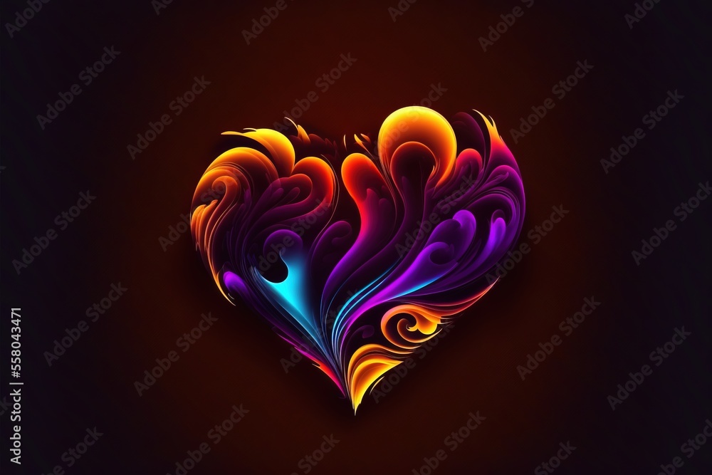 Poster a colorful heart shaped object on a black background with a red and blue swirly design on the side o