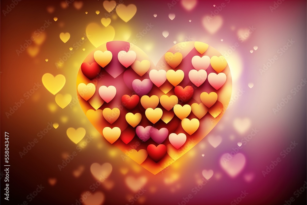Poster a colorful heart with many hearts on it's sides and a blurry background with a red and yellow heart 