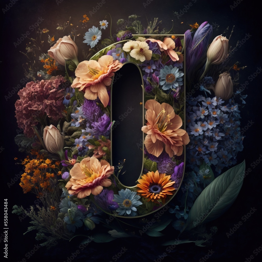 Poster the letter d is surrounded by flowers and leaves on a black background with a dark background and a 