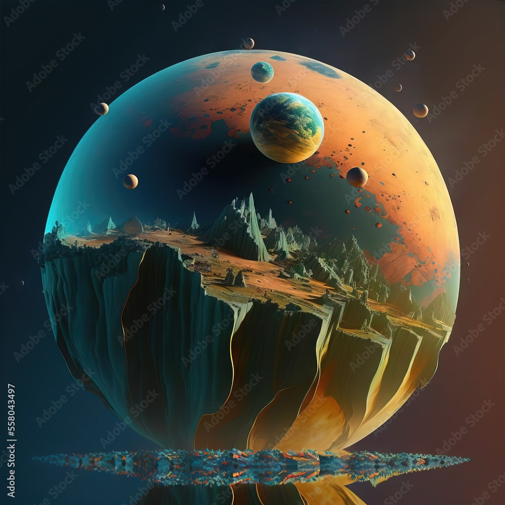 Poster a digital painting of a planet with mountains and planets in the background, with a reflection of th