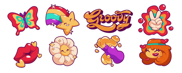 Set of retro 70s groovy stickers isolated on white background. Vector illustration of colorful funky patches in form of butterfly, star, peace sign, lips, flower, bottle and female hippie character