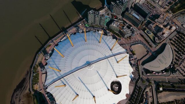Vertical aerial view of the O2 Millennium Dome, Greenwich, London, UK.