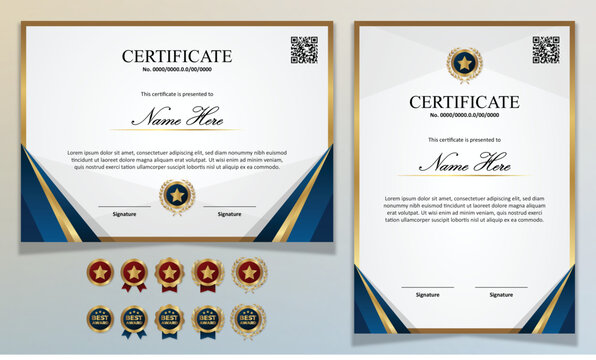 Certificate Template Modern Luxury Using Gold Ribbon With Badge Editable And Qr Code For Formal, Award, Academic, Graduation, Bussiness, Education, Training, Honor, Diploma, Event, Course