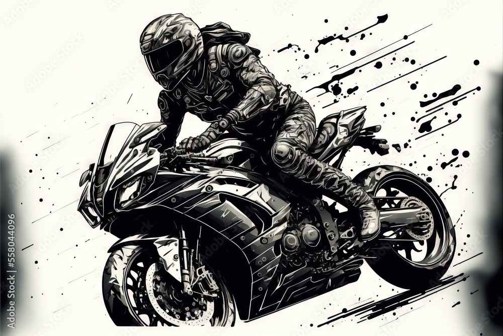 Poster a drawing of a person riding a motorcycle on a track with splashes of paint on the ground behind the