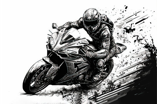  a drawing of a person riding a motorcycle on a track with splashes of paint on the side of the bike and on the front tire of the bike is a black and white background. Generative AI