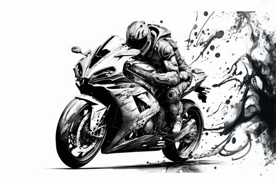  a drawing of a person riding a motorcycle on a track with splashes of paint on the side of the bike and on the back of the bike is a black and white background with. Generative AI