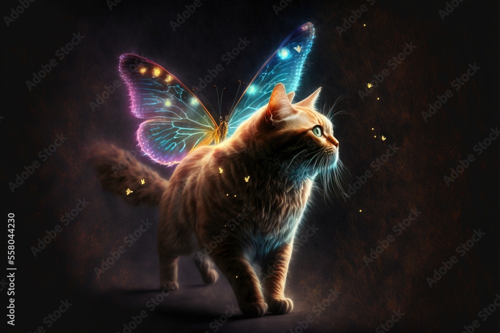 Poster a cat with a butterfly on its back is looking at the camera while standing on its hind legs, with a 