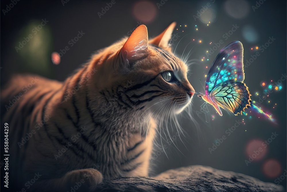 Aufkleber a cat with a butterfly on its nose looking at it's own reflection in the mirror image of a butterfly