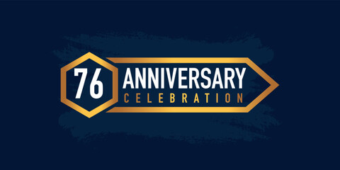 76 years anniversary celebration logotype colored with gold color and isolated on blue background.
