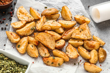 Baking paper with tasty baked potato and spices on light background, closeup
