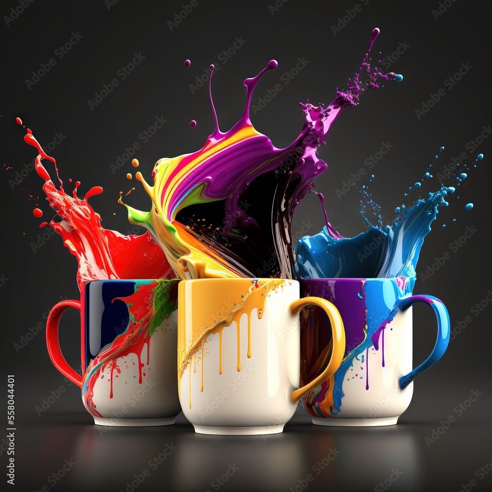 Poster three coffee mugs with different colors of paint splashing out of the cups on a dark background with