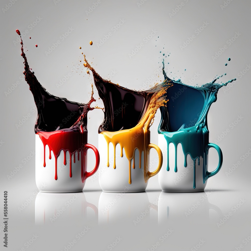 Poster three coffee mugs with different colored liquid pouring out of them on a white surface with a gray b